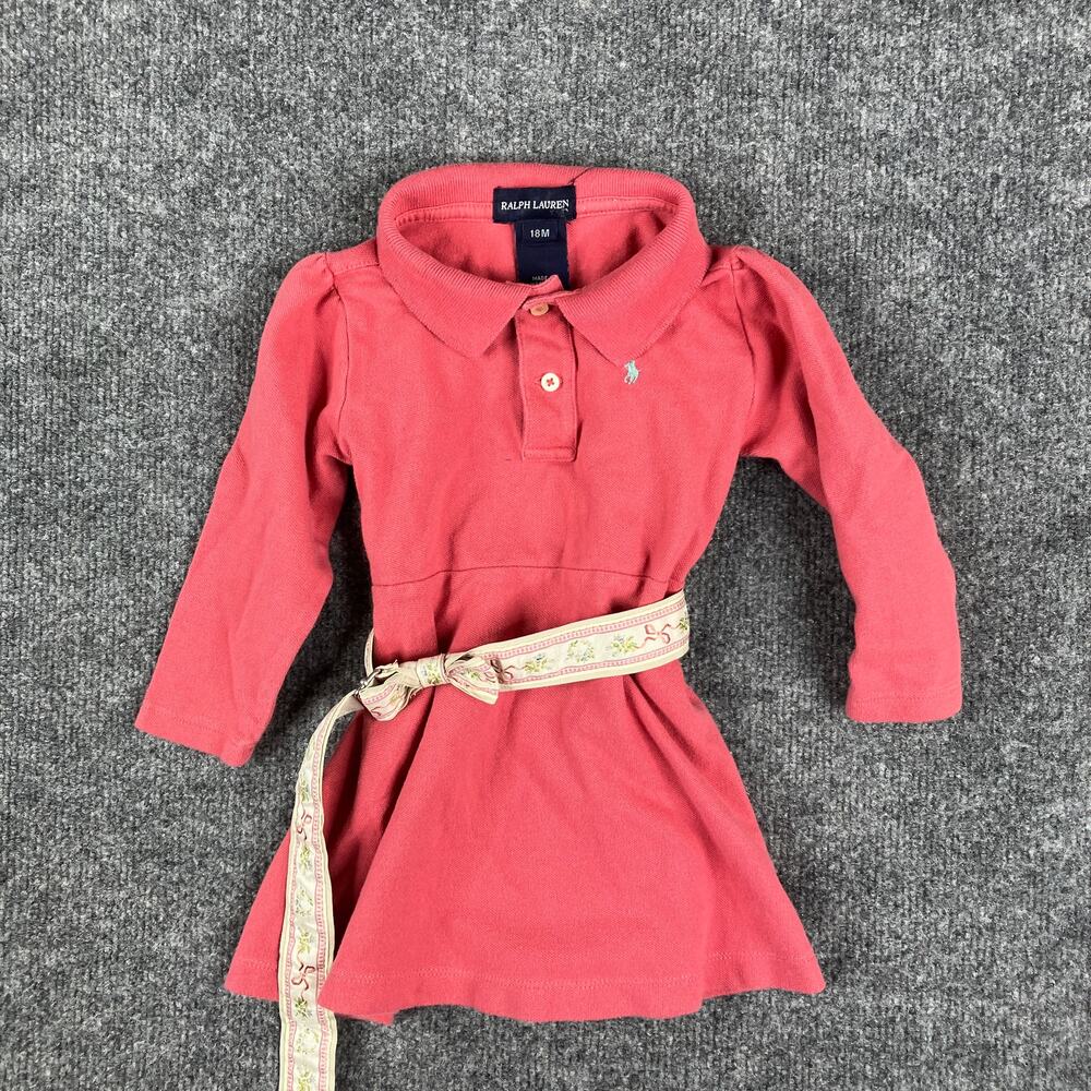 Ralph Lauren Polo Dress Girls Size 18M‎ Pink Long Sleeve Floral Belt Pique Knit